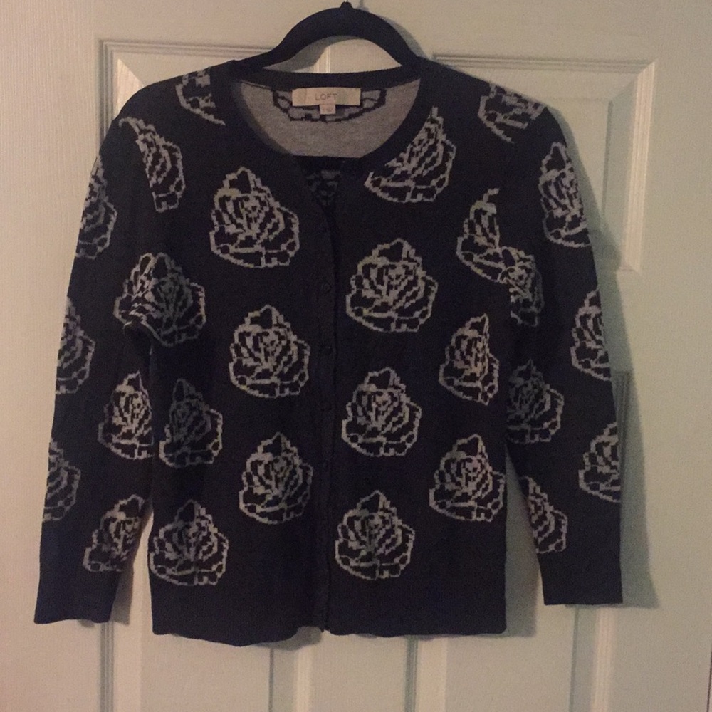 LOFT Cardigan Small Gray with White Flowers